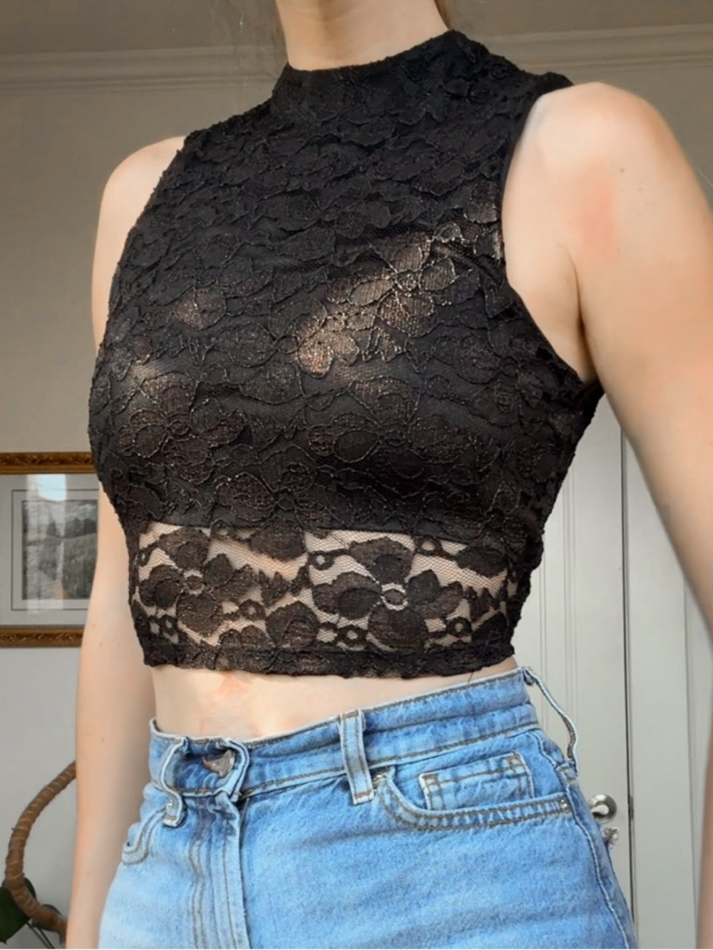 black lace high neck crop top cropped tank top